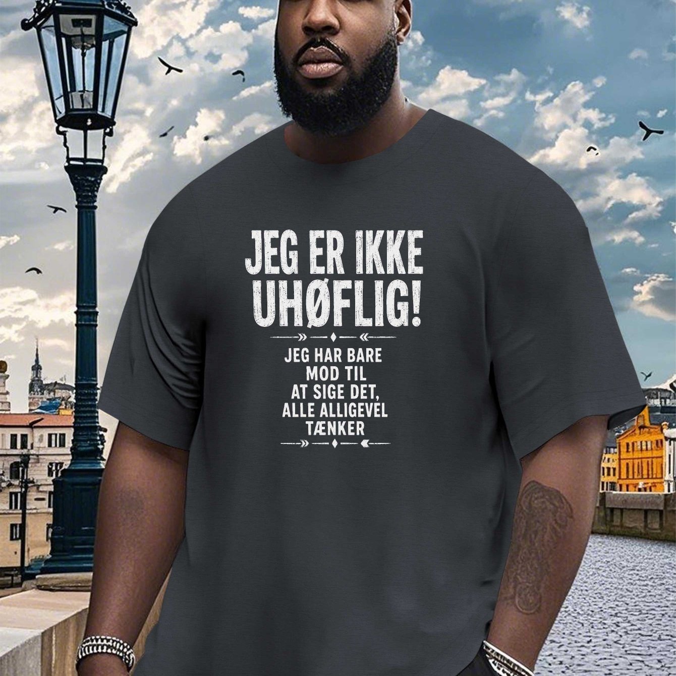 TEMU Teediy Men's Plus Size Big & Tall Danish Quote T-shirt - Oversized Short Sleeve Round Neck Casual Summer Top With Danish Text Print, Machine
