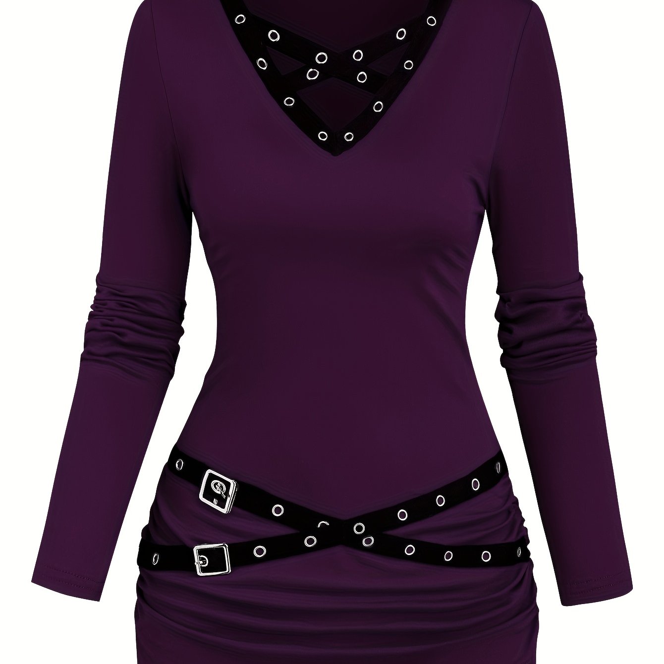 TEMU Plus Size, Plus Size Women's Autumn/winter Solid Color Metal Eyelet Ribbon Cross V-neck Long Sleeve Pleated Design Slim Fit Casual Cute Fun