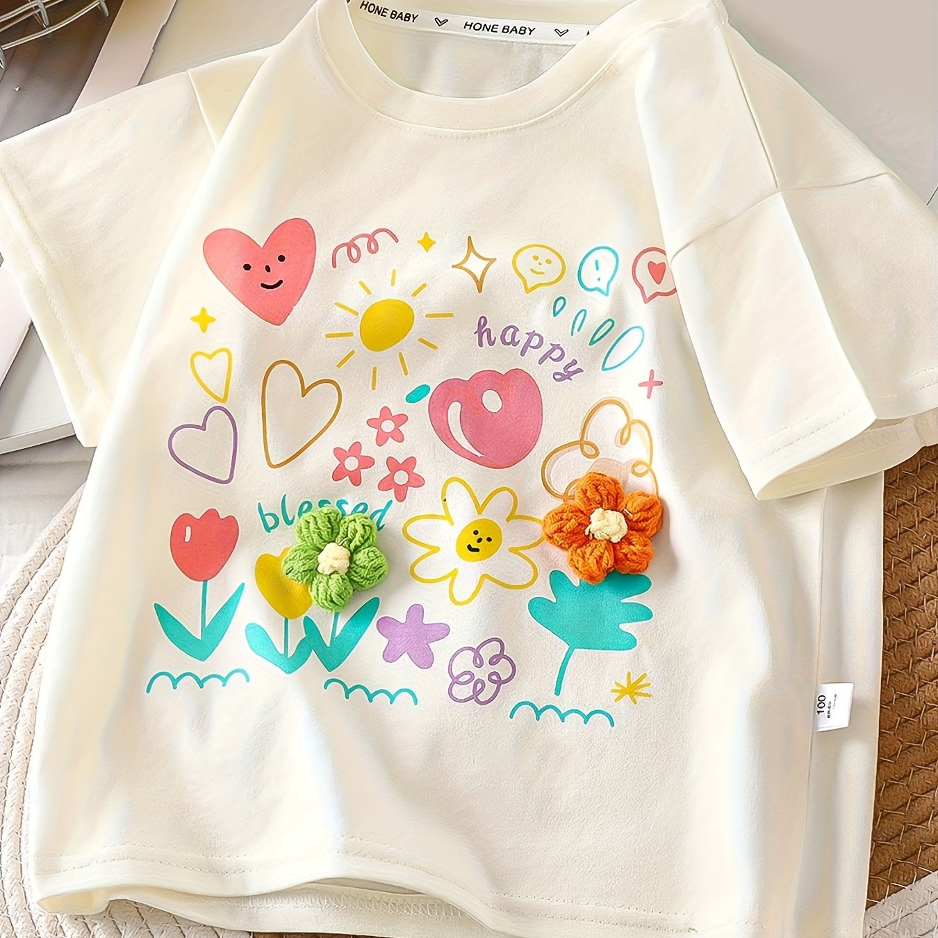Summer ' Cool 3d Painted Floral Round Neck Short Sleeve T-shirt, Kids Baby Versatile Top
