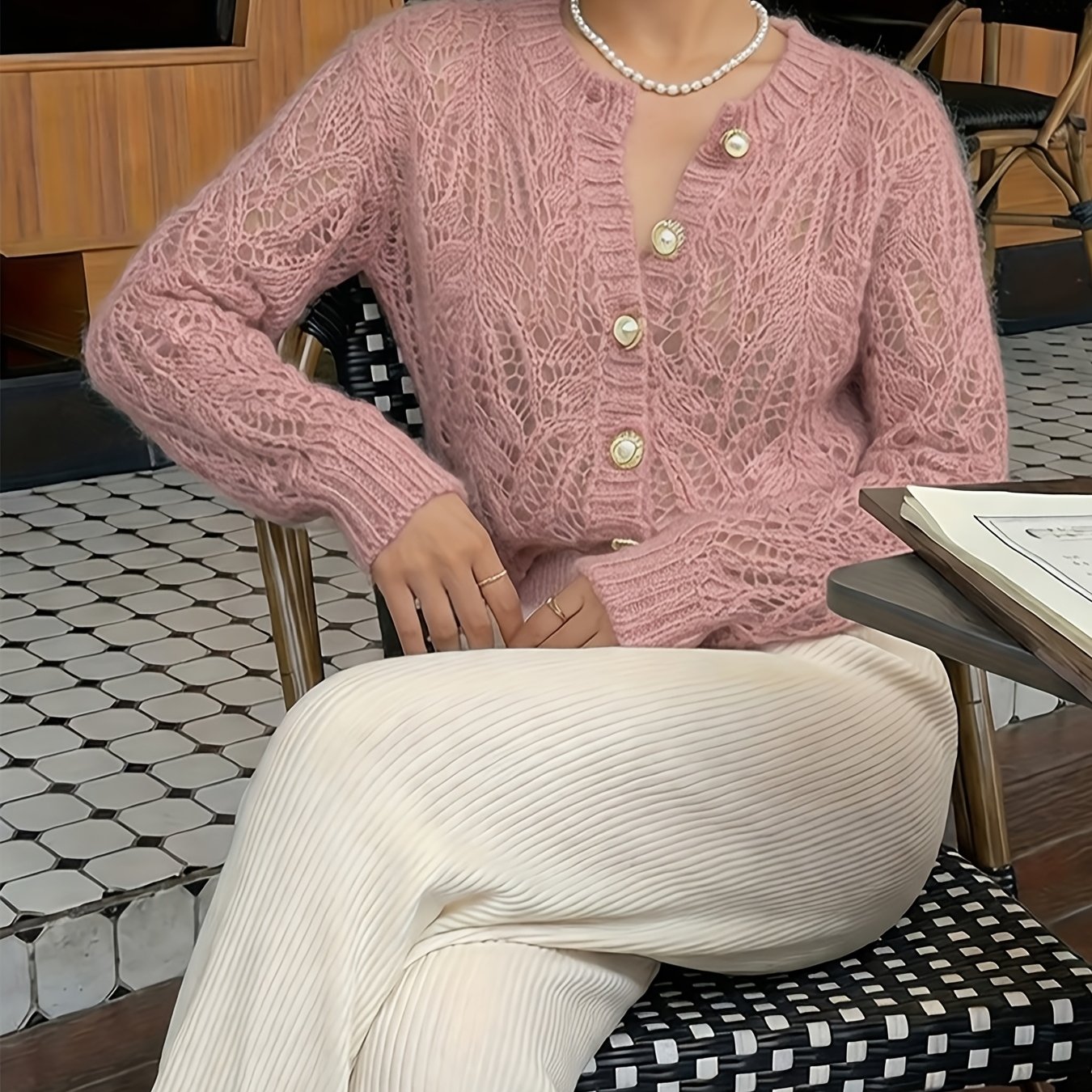 TEMU Women's Hollow Cardigan, Round Neck Air-conditioning Sunshade Top, Loose Top, Spring/autumn Style, Design- Gentle Style Soft Outerwear Sweater