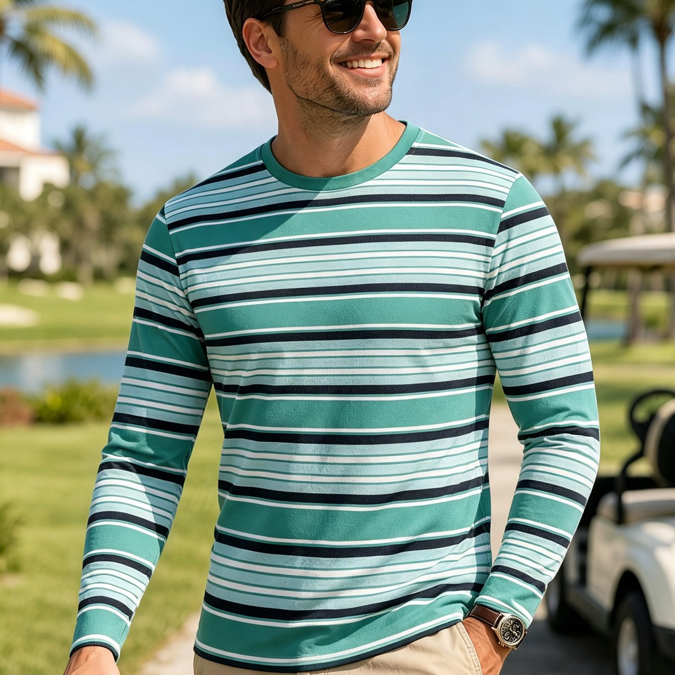 TEMU Men's Casual Crewneck Long Sleeve T-shirt - Retro Teal With Navy And Light Blue , Soft Breathable Autumn Streetwear Top