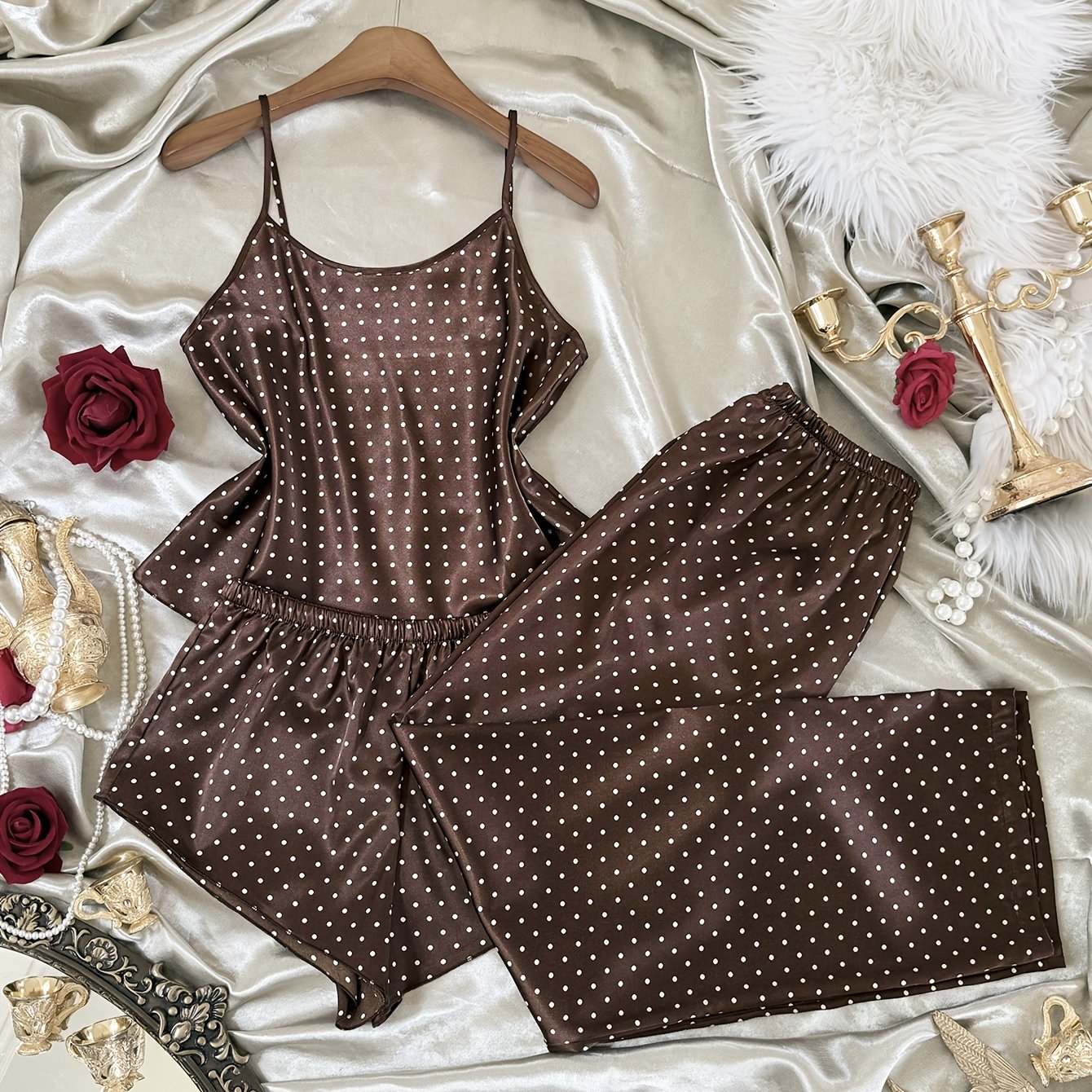 TEMU Women's Polka Dot Print Fashionable Casual Round Neck Cami Shorts Straight-leg Printed Loose Sleep Pants Set, 3pcs Set