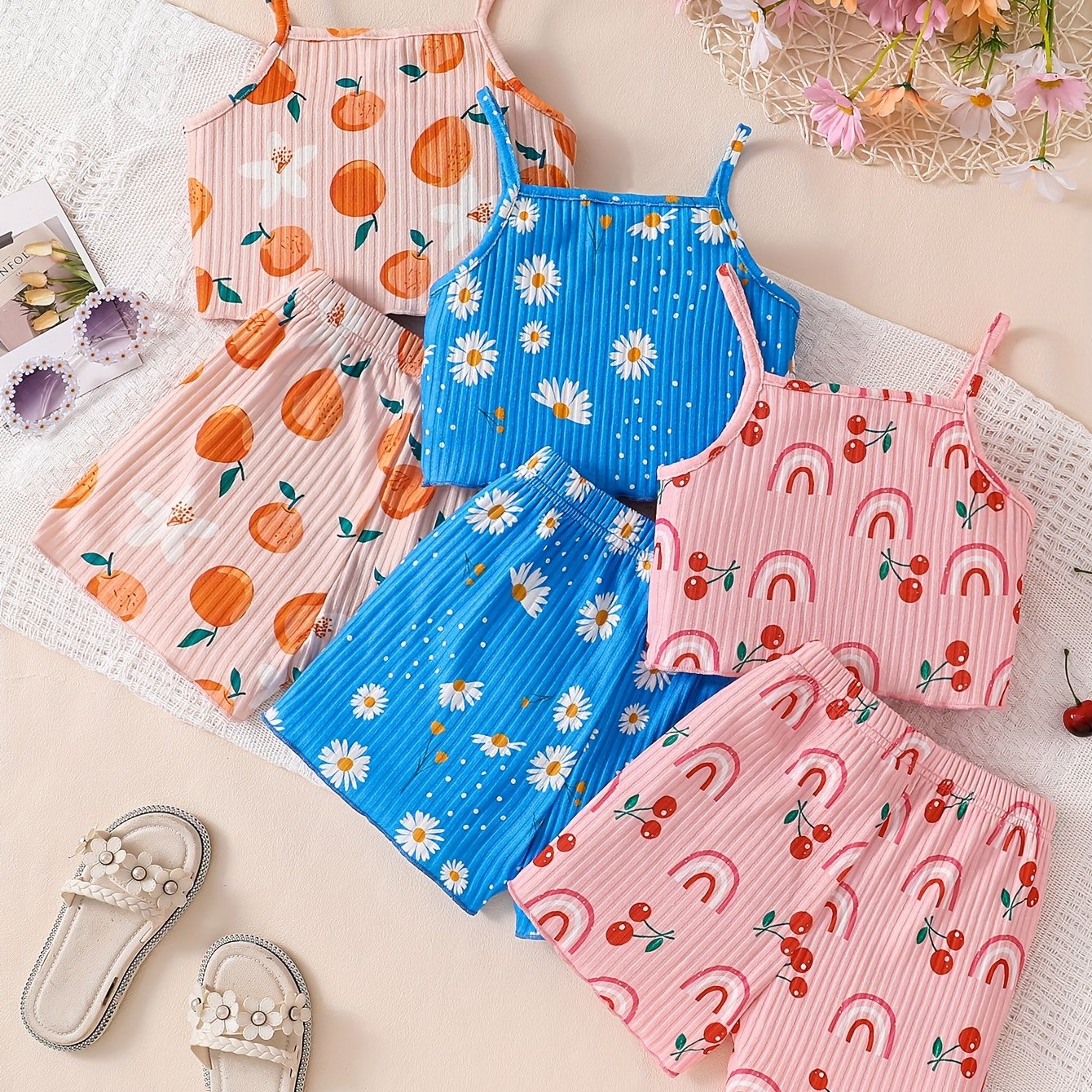 Image of 3-set Girls' Fashion Easy Summer Outfit, Toddler Cherry Rainbow Short Camisole Top And Elastic Waist Shorts, Girls' Daily Comfortable Casual Soft Versatile Elegant Wear, For Outdoor