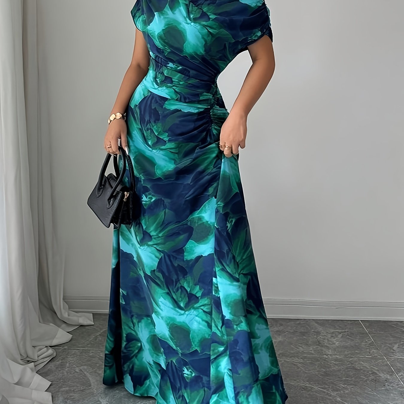 TEMU Fashionable Party Attire Women's Elegant Exquisite Floral -shoulder Design Waist-cinched A-line Long-length Dress Bridesmaid Dress Women's