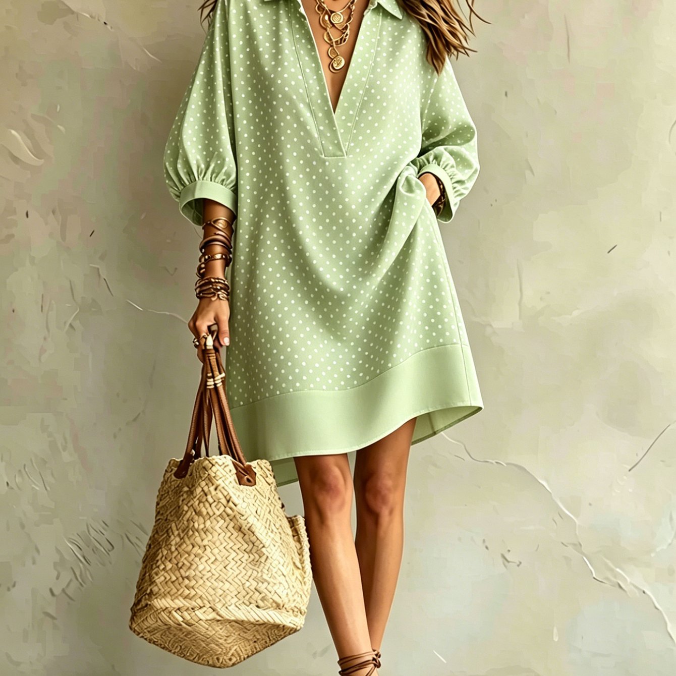 Image of Women's Summer Lapel Polka Dot Dress, Loose , Bohemian , Comfortable Breathable Fabric, Lantern Sleeves Hide And Slim, Suitable For Beach Vacation Daily Commuting Dating