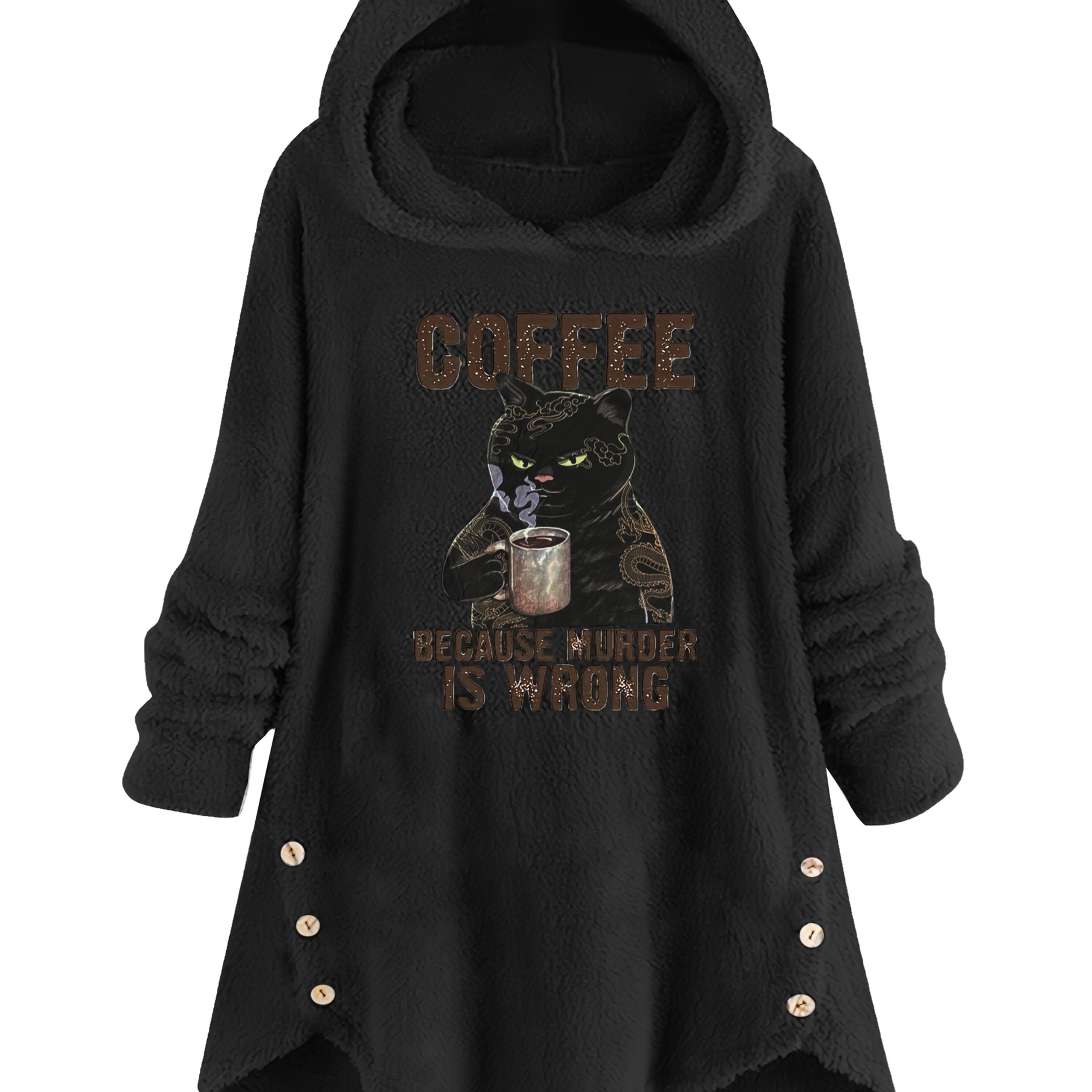 Image of Cat & Slogan Print Teddy Hoodie, Casual Long Sleeve Button Decor Hoodie Sweatshirt, Women's Clothing