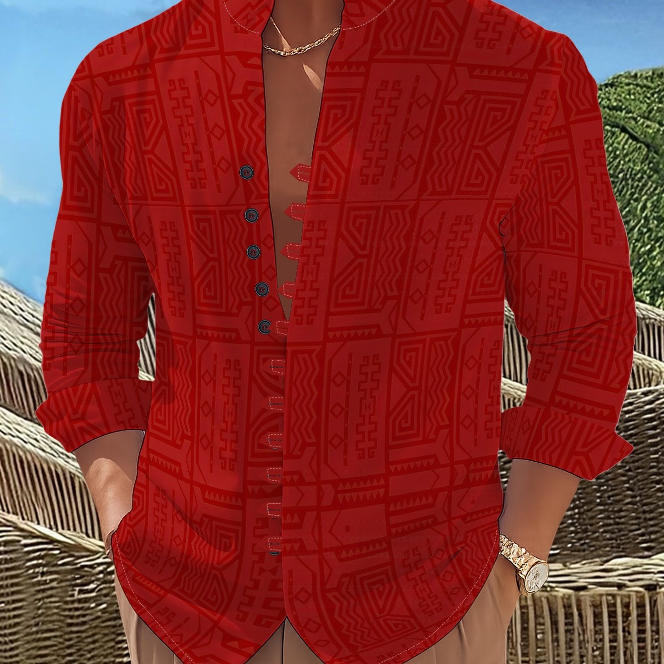 Men's Collar 11-button Long Sleeve Shirt 2026 New Style, Retro Geometric Printed Casual Shirt, Loose Top For Vacation, Fashionable Outerwear Shirt For Trendy Men