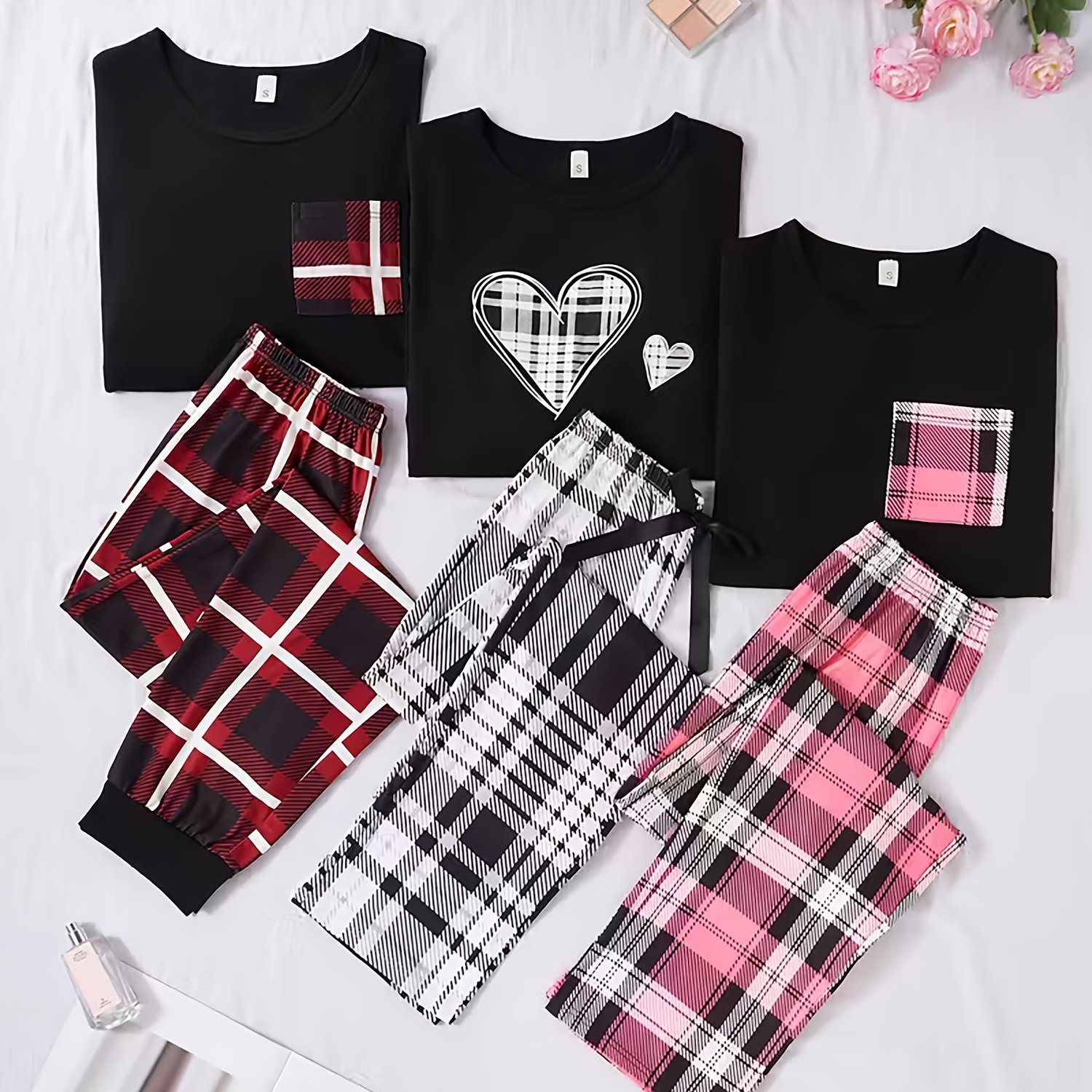 TEMU A -piece Set Of Wear For Women, Featuring Heart-shaped Printed Long-sleeved Tops, Long-sleeved And Short-sleeved Round-neck Checkered Tops With