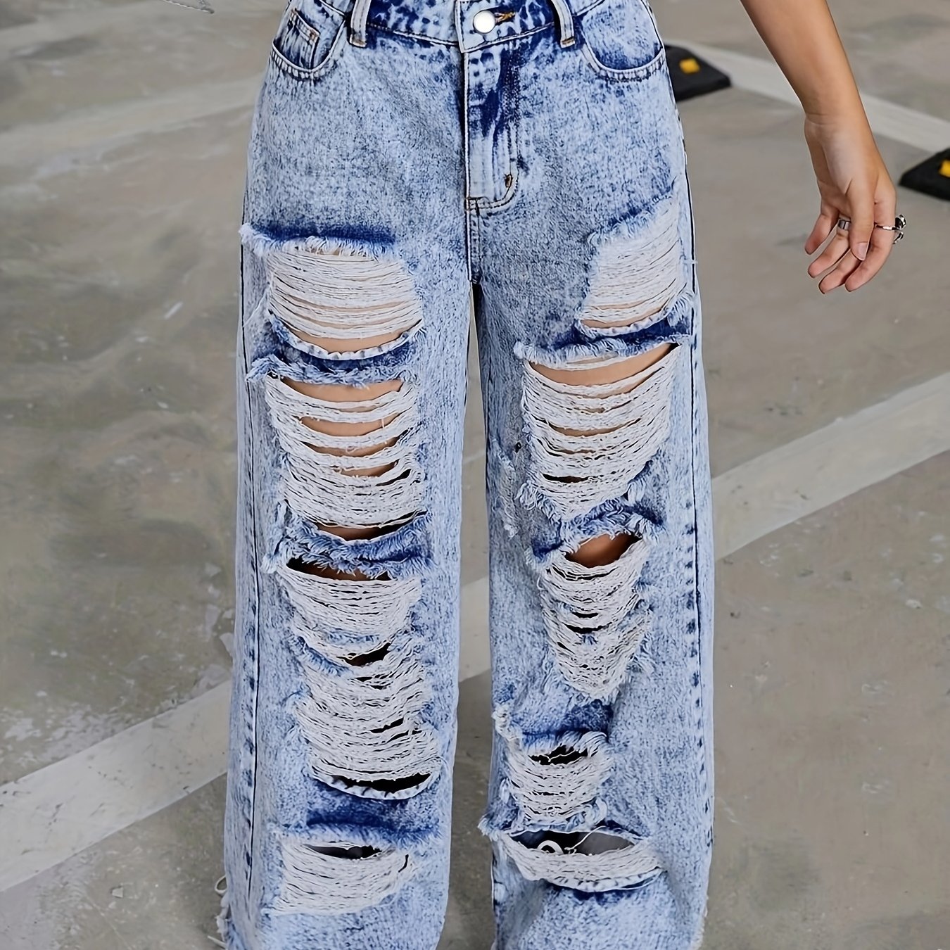 Girl's High-waisted Jeans -vintage Wash Skinny Pants With Authentic Ripped Holes, Loose Straight Leg For Edgy Streetwear Look, Machine Washable Jeans For Teens &