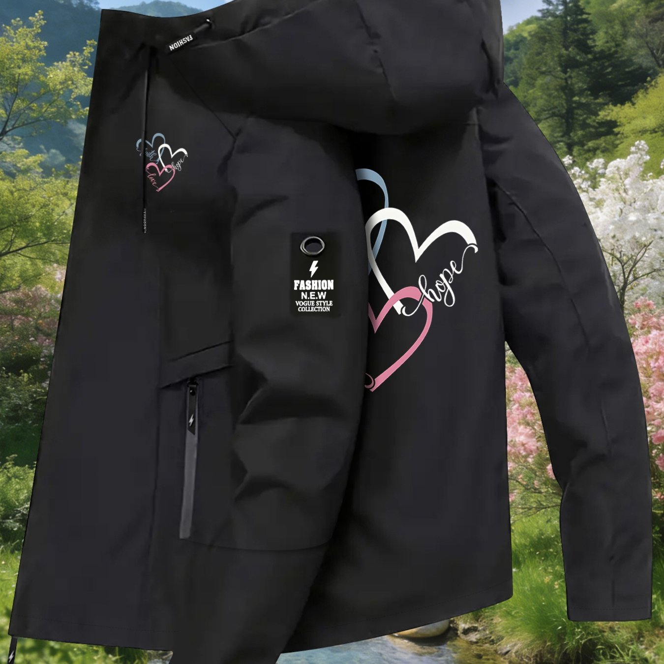 TEMU Women's Jacket, Gentle And Style, Three-color , "faith/ /love" Cursive Print, Long Sleeve Zipper Pocket Hooded Windbreaker, Outdoor Casual