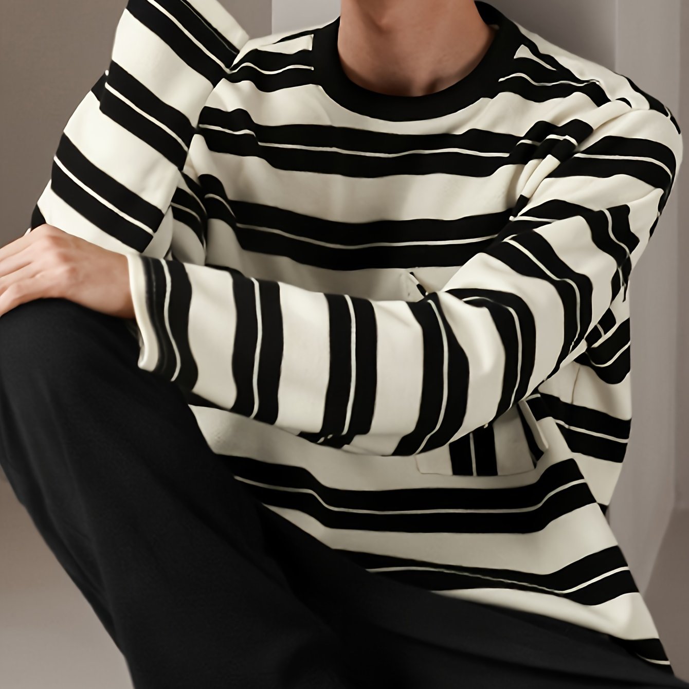 Image of Men' Casual Pajama Set, Fashion Black And White Striped Long Sleeve Top And Minimalist Black Sleep Pants Loungewear, Spring And Autumn Outdoor Set