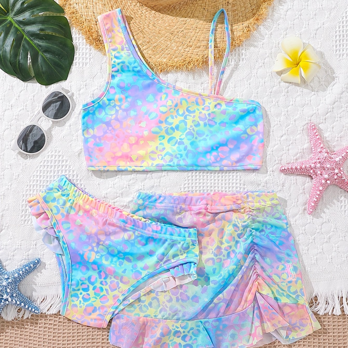3pcs Girls' Fashion Gradient Bikini Swimsuit, With Asymmetrical Straps And Lace Mesh Skirt, Summer Beach Vacation Seaside Set