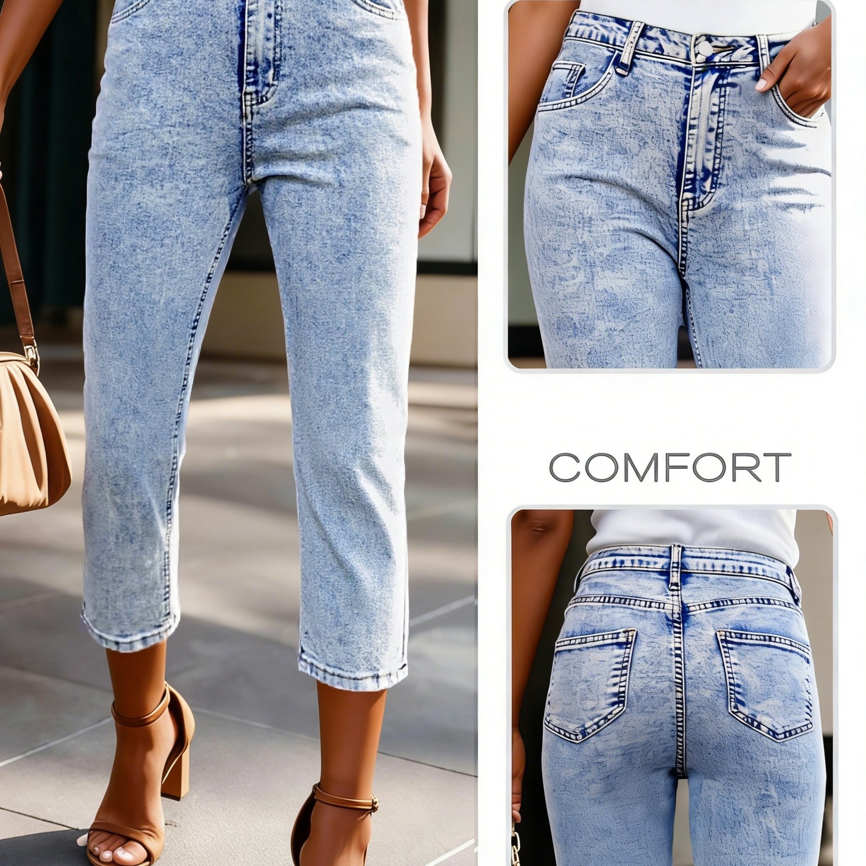 Image of Ladies' Stretch Capri Jeans, Acid-washed Straight-leg Cropped Denim Trousers, Comfortable Casual 3/4 Length Jeans For The Summer Season