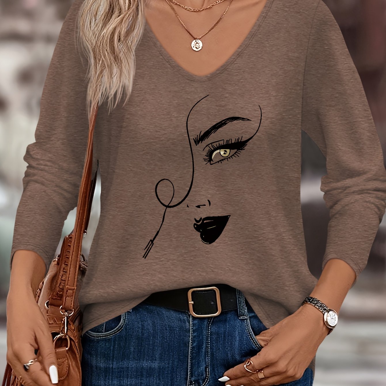 TEMU T-shirt décontracté à col en V avec motif visage pour femmes - Confort automne/hiver