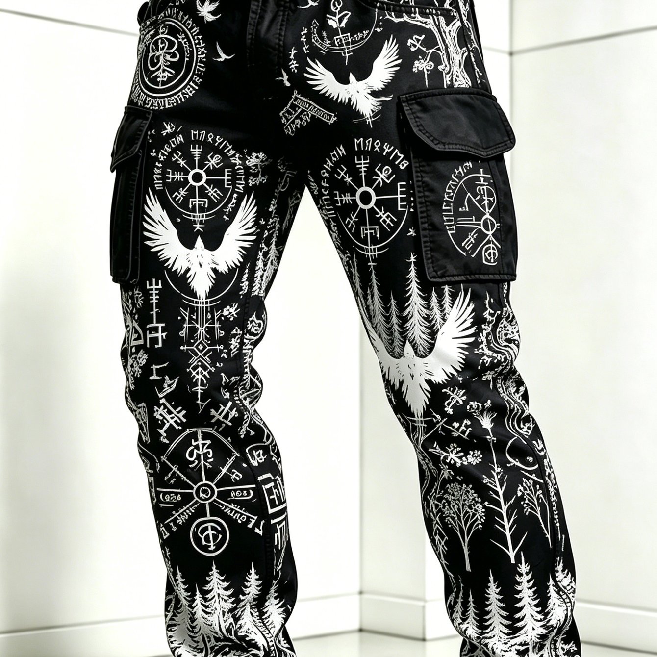 Image of Viking Vintage Digital Print Cargo Pants, Loose Straight Leg Casual Trousers For Daily Outdoor Wear