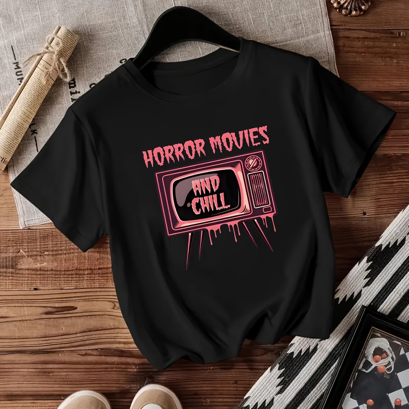 TEMU 1pc Women's Horror Movies Graphic T-shirt - "horror Movies And " Retro Design, Casual Crew Neck, Short Sleeve, Lightweight Polyester, & All ,