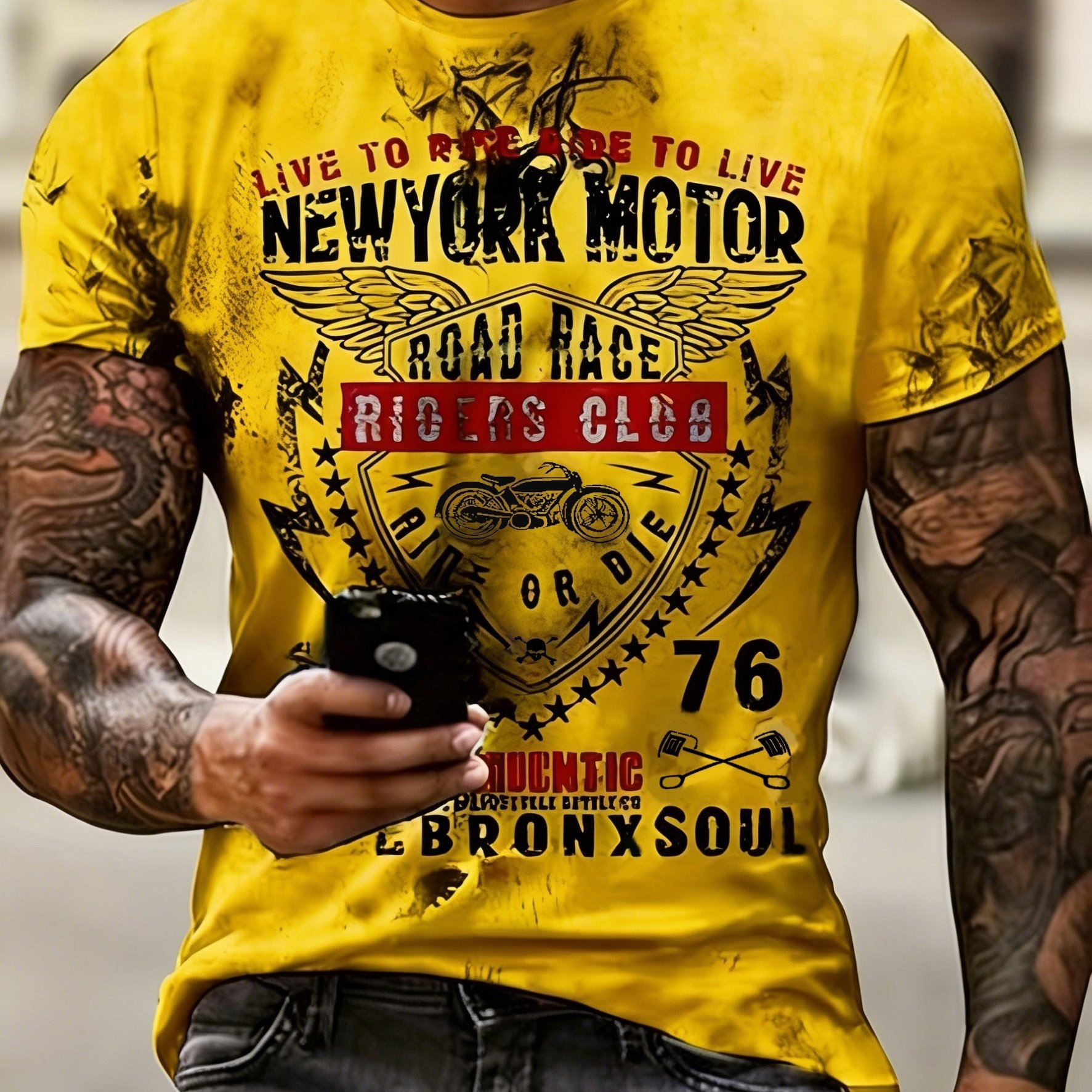TEMU Men's Plus Size T-shirt, Men's Graphic Tee - Vintage Motorcycle Design, Casual Sporty Style, Round Neck Short Sleeve, Polyester, Machine