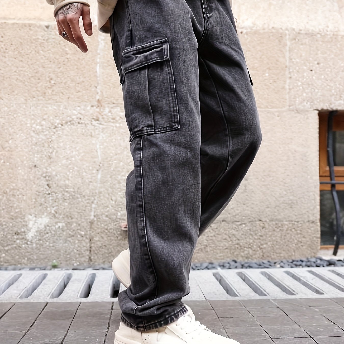 Loose Fit Flap Pocket Jeans, Men's Causal Street Style Cargo Jeans For