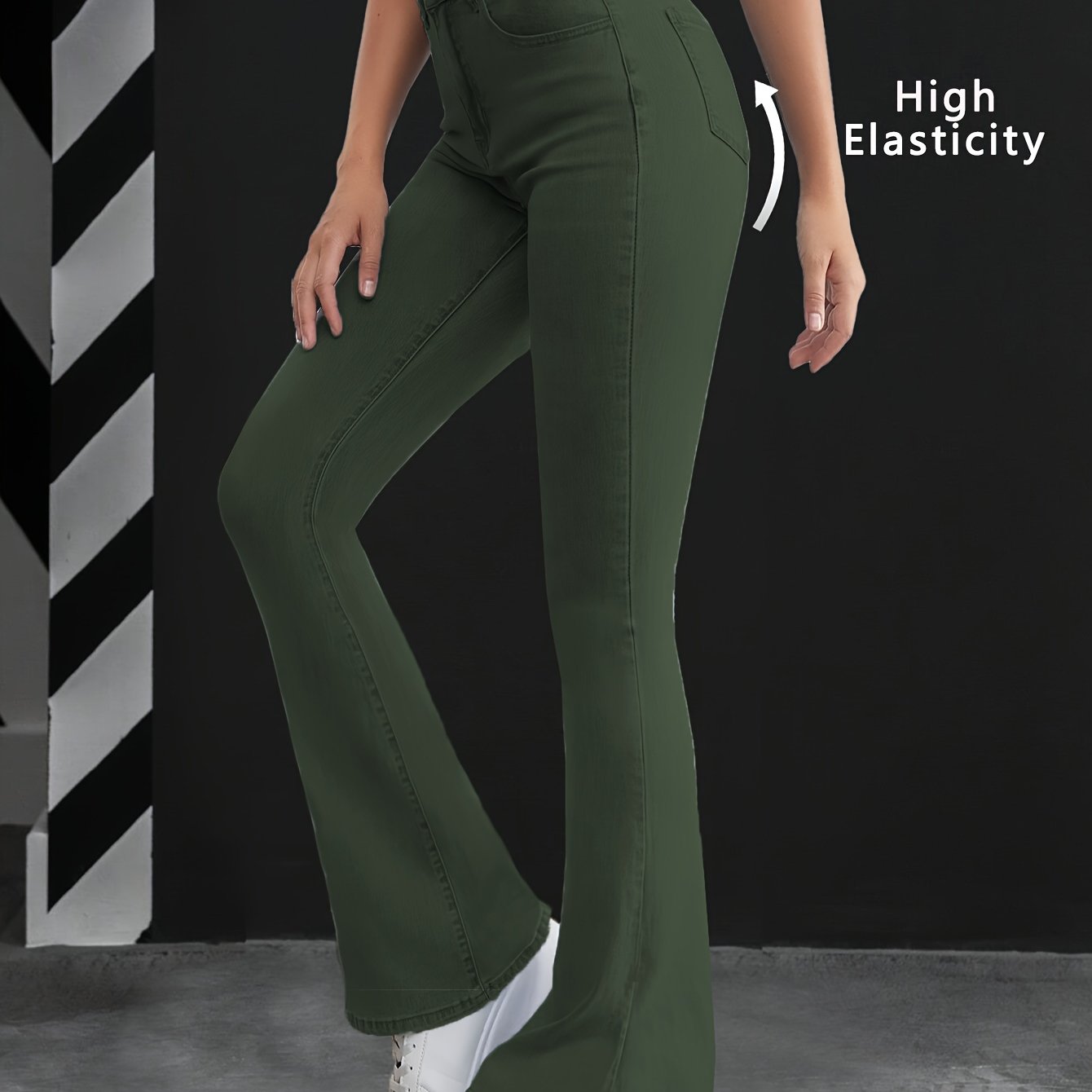 Image of Army Green Fashion High-waist Flared Pants With Slant Pockets And Stretch Fabric Denim Jeans