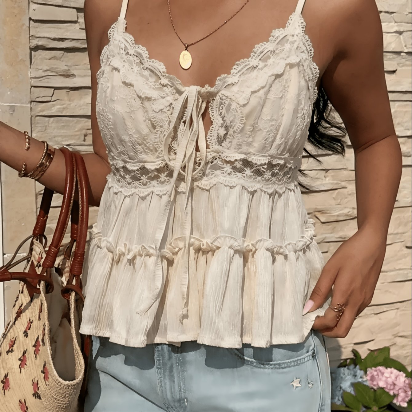Image of Women's Apricot Lace Camisole Sexy Top, Solid Fabric With Lace Splice, Suitable For Date Night, Beach Party Summer
