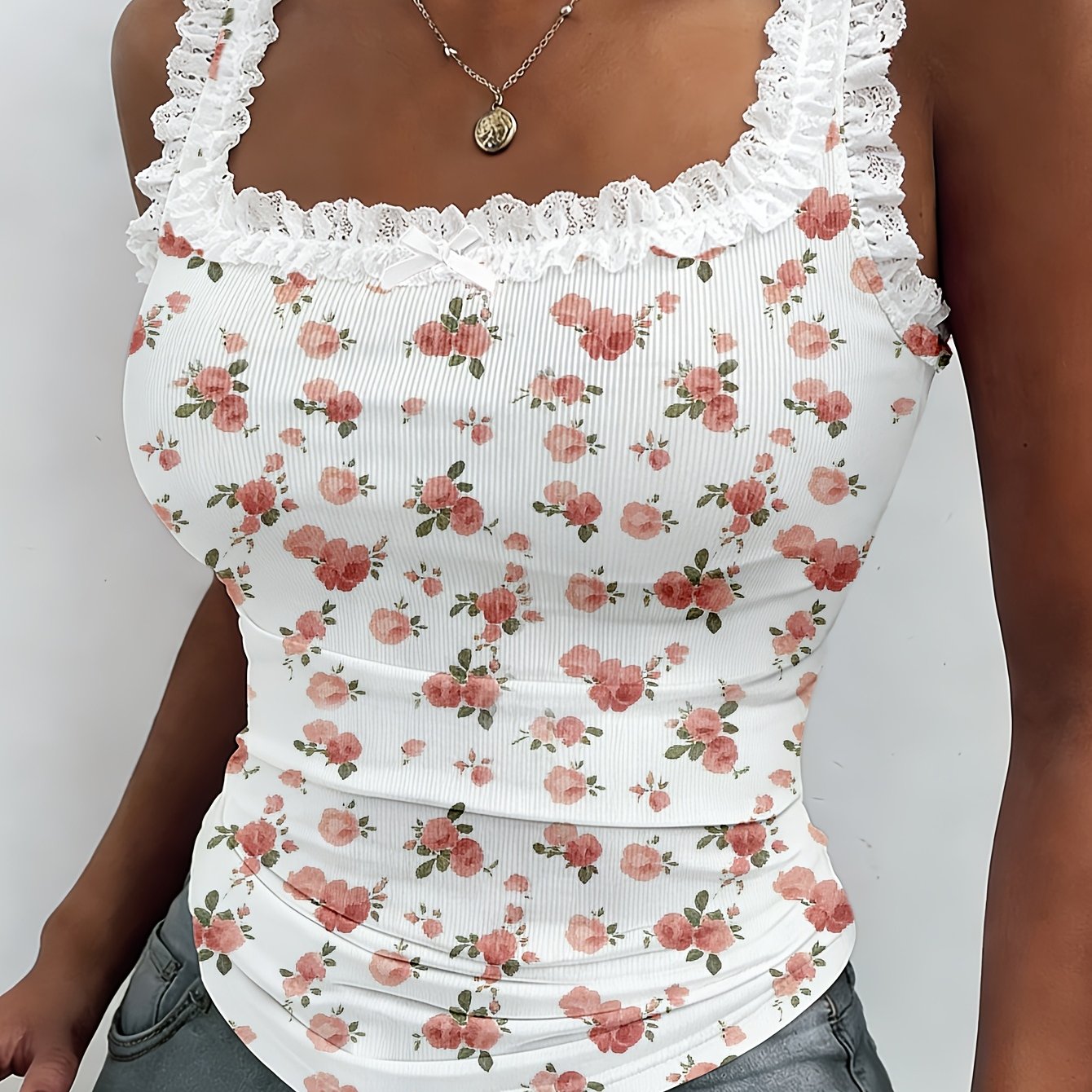TEMU Women's Spring/summer Standard Size Top, Simple, Comfortable, And Elegant Floral Print With Lace Neckline, Sleeveless Vest, Worn As An Outer Top