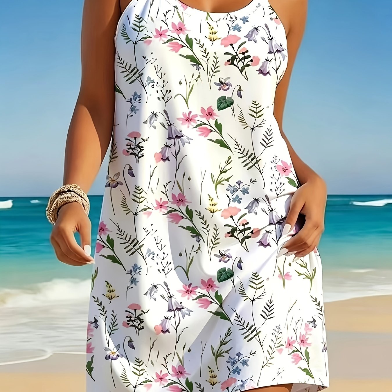TEMU Summer Floral Cami Dress, Loose Body-covering Beach Dress