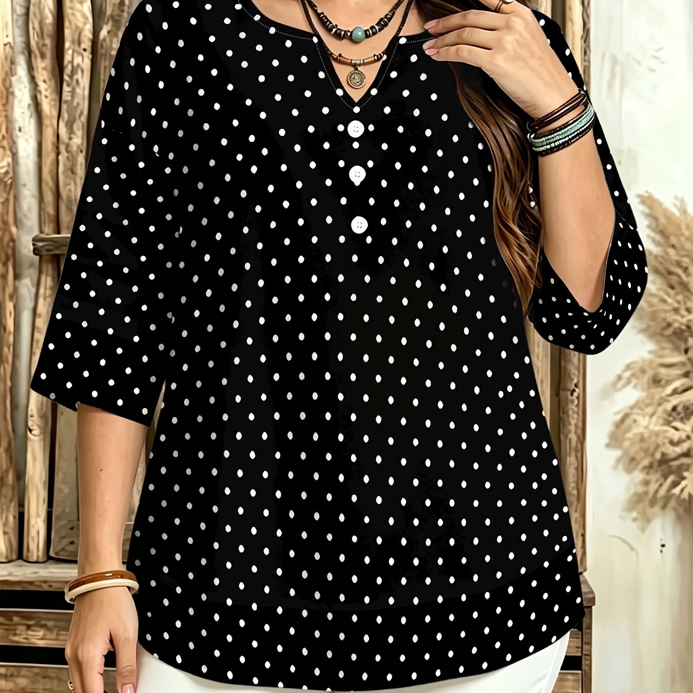 TEMU Black Polka Dot V-neck Three-quarter Sleeve Loose Top, Women's Casual Versatile Shirt, Summer Wear