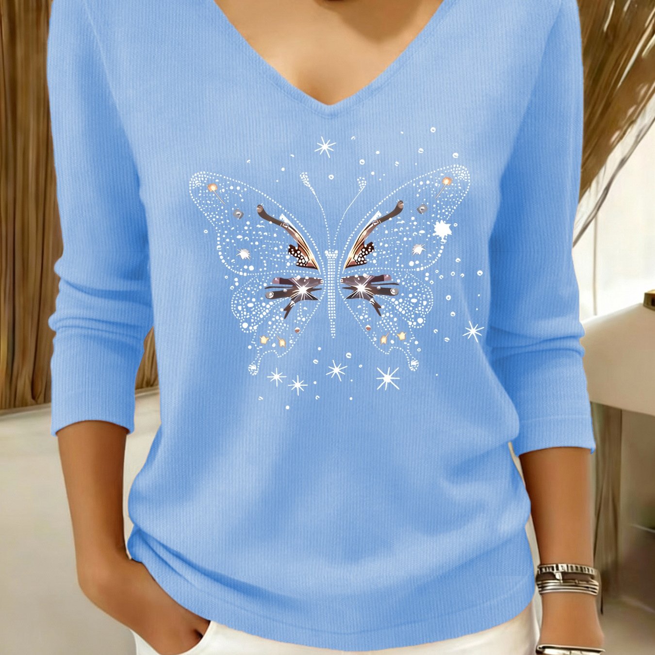 E-shop Lässiger Damenpullover – Langärmeliger, lockerer Pullover mit V-Ausschnitt, leicht dehnbares, bequemes Oberteil, texturiertes Design,
