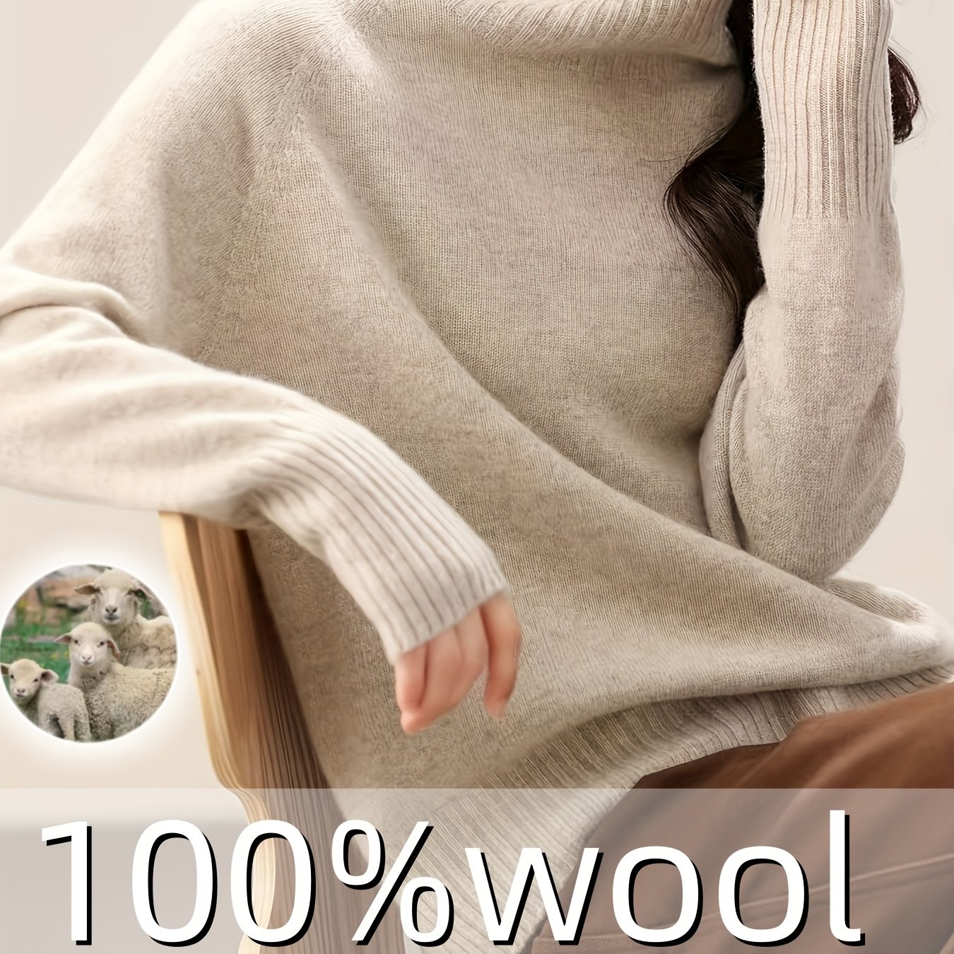 100% Wool Seamless High Neck Sweater - Loose Fit Sleeve Pullover With Micro-stretch, Solid Color Top For Autumn Winter, Middle Eastern-inspired Style