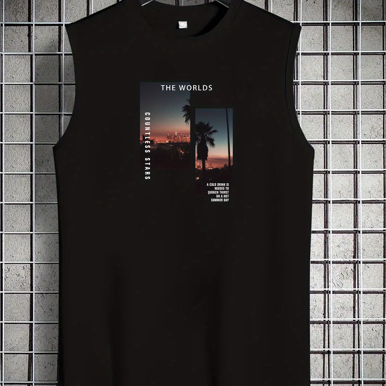 TEMU Men's & Teen Boys' Light Grey Sleeveless Tank Top - American Streetwear Style Tree Sunset Print, Breathable Stretch Fabric, Round Neck Casual