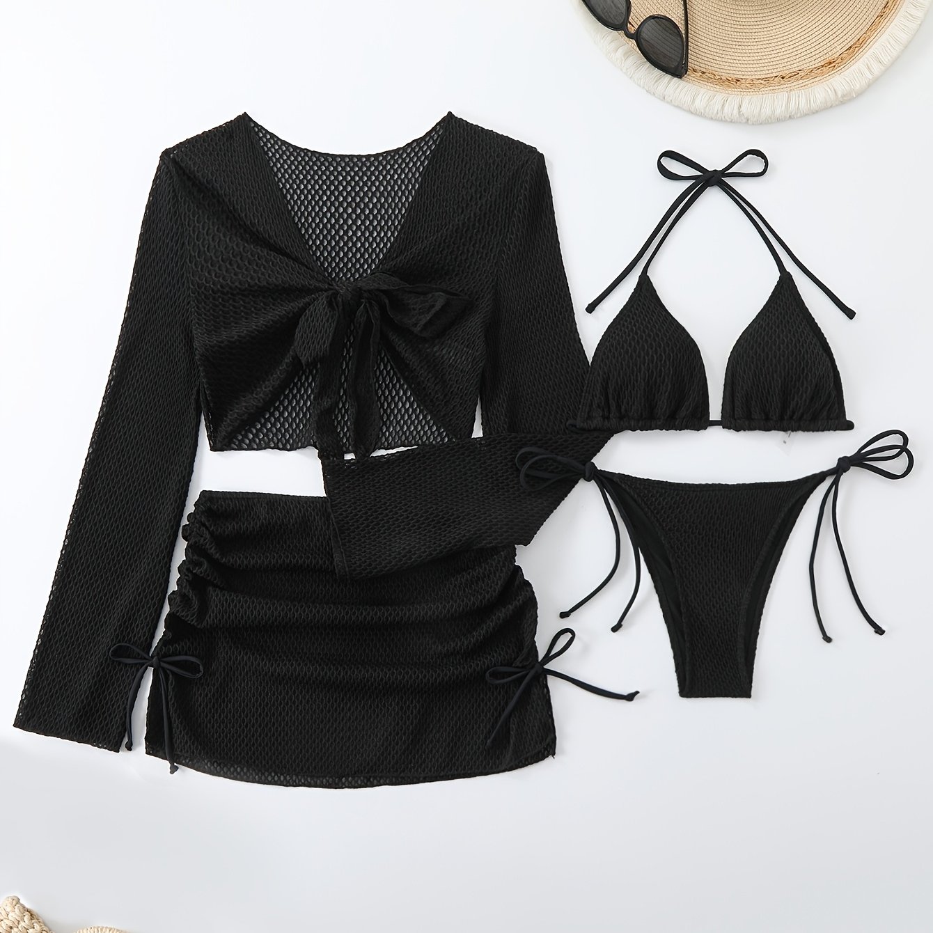 TEMU 2024 New European And American Conservative Four-piece Set, Solid Color Cover-up, Mesh Short Skirt, Bikini Women's Swimwear.