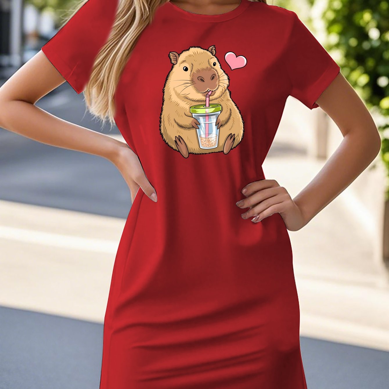 TEMU Capybara Pattern 2025 Women's New Tight Round Neck T-shirt Short Sleeve Skirt Trendy Print Spring And Summer Casual Versatile-elegant And Chic