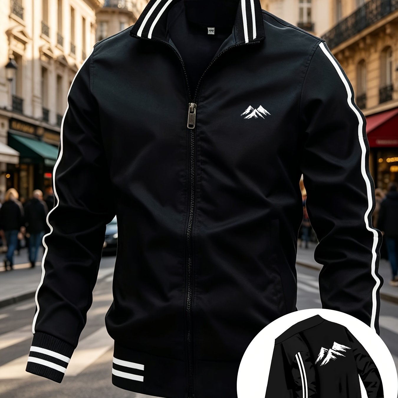TEMU Mountain Silhouette Three-stripe Stand Collar Jacket, Men's Sports Casual Zip-up Cardigan Coat, All-match Style For Spring And Autumn