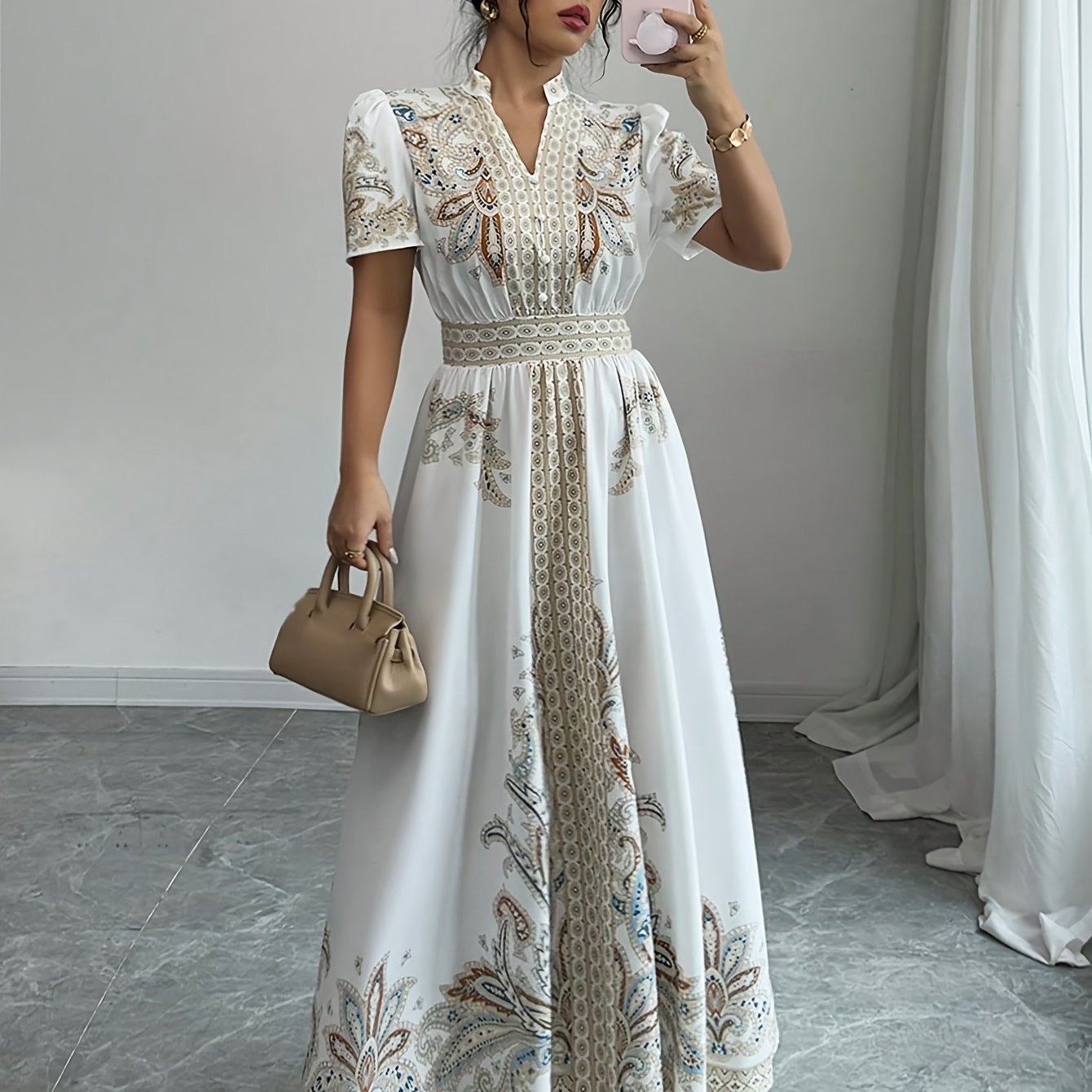 Image of Bohemian Style Floral Print Waist-cinching Short Puff Sleeve Dress