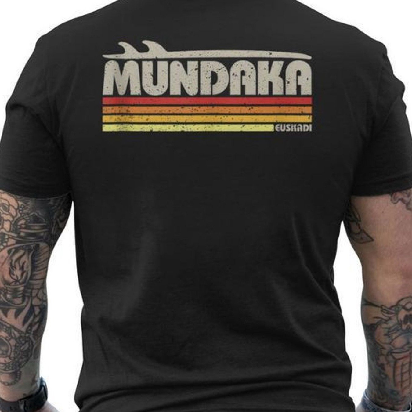Image of Spain Paraisourf Retro Men's T-shirt | Black With Stripes & Mundataka Text - Breathable Tee For Casual Casual Attire - Everyday Essential Country Graphic Shirt, , Crew Neck, Stretch Fabric