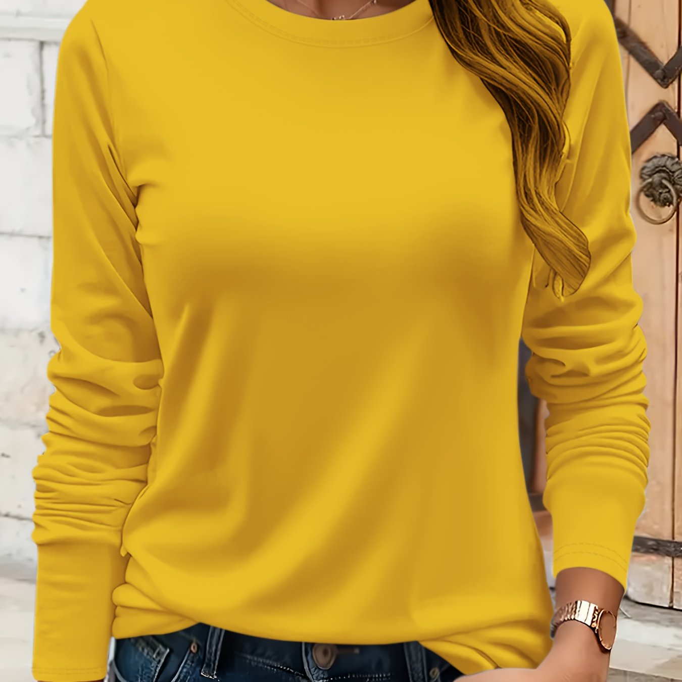 TEMU Round Neck Long Sleeve T-shirt, Solid Layer, Autumn Commuting / Smart With Trench Coat, Women' And Versatile Inner Wear Top, Women's Clothing