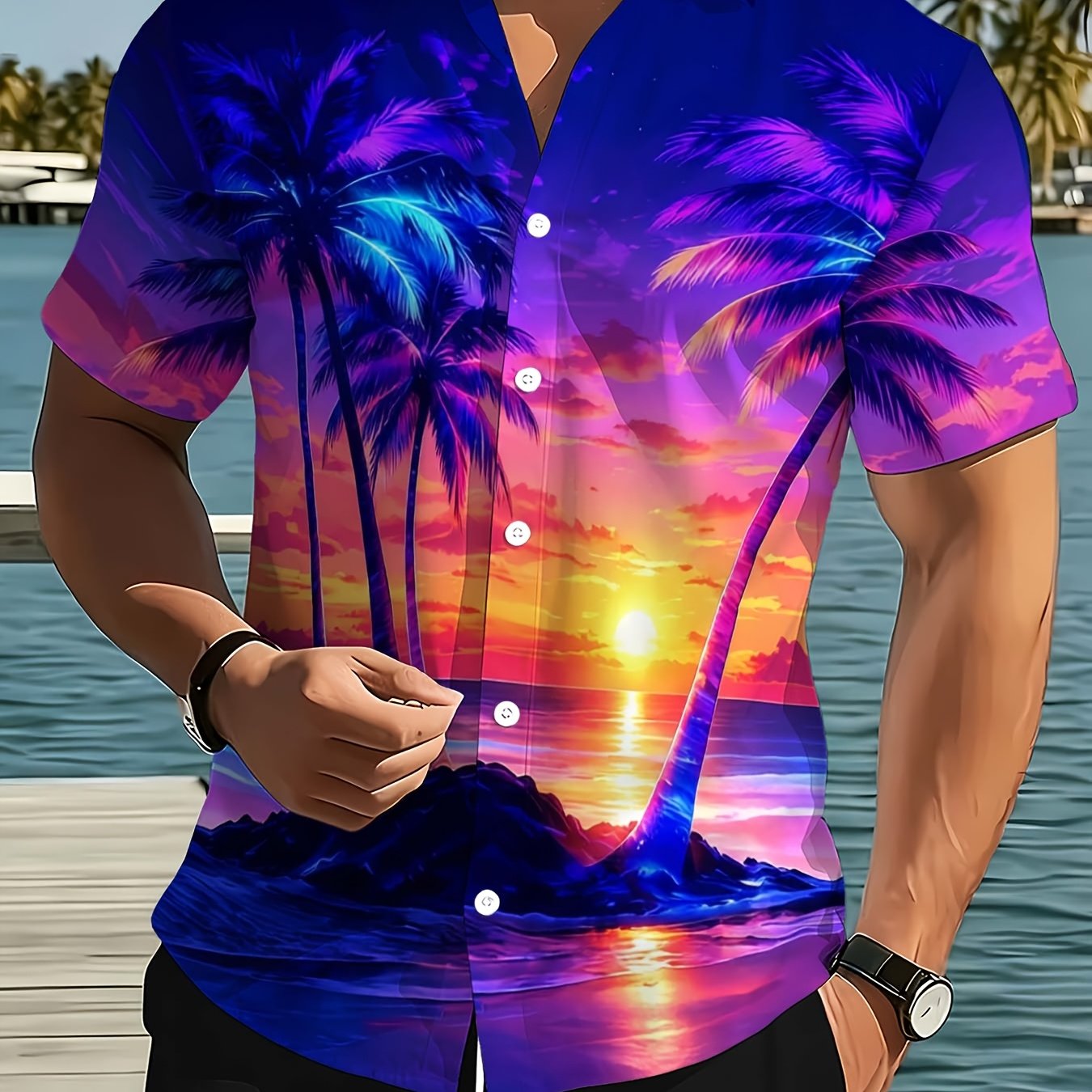 TEMU Men's Coconut Tree Print Lapel Short-sleeve Style Hawaiian Casual Fashion Versatile Daily Shirt; Suitable For Holidays / Parties / Daily Wear