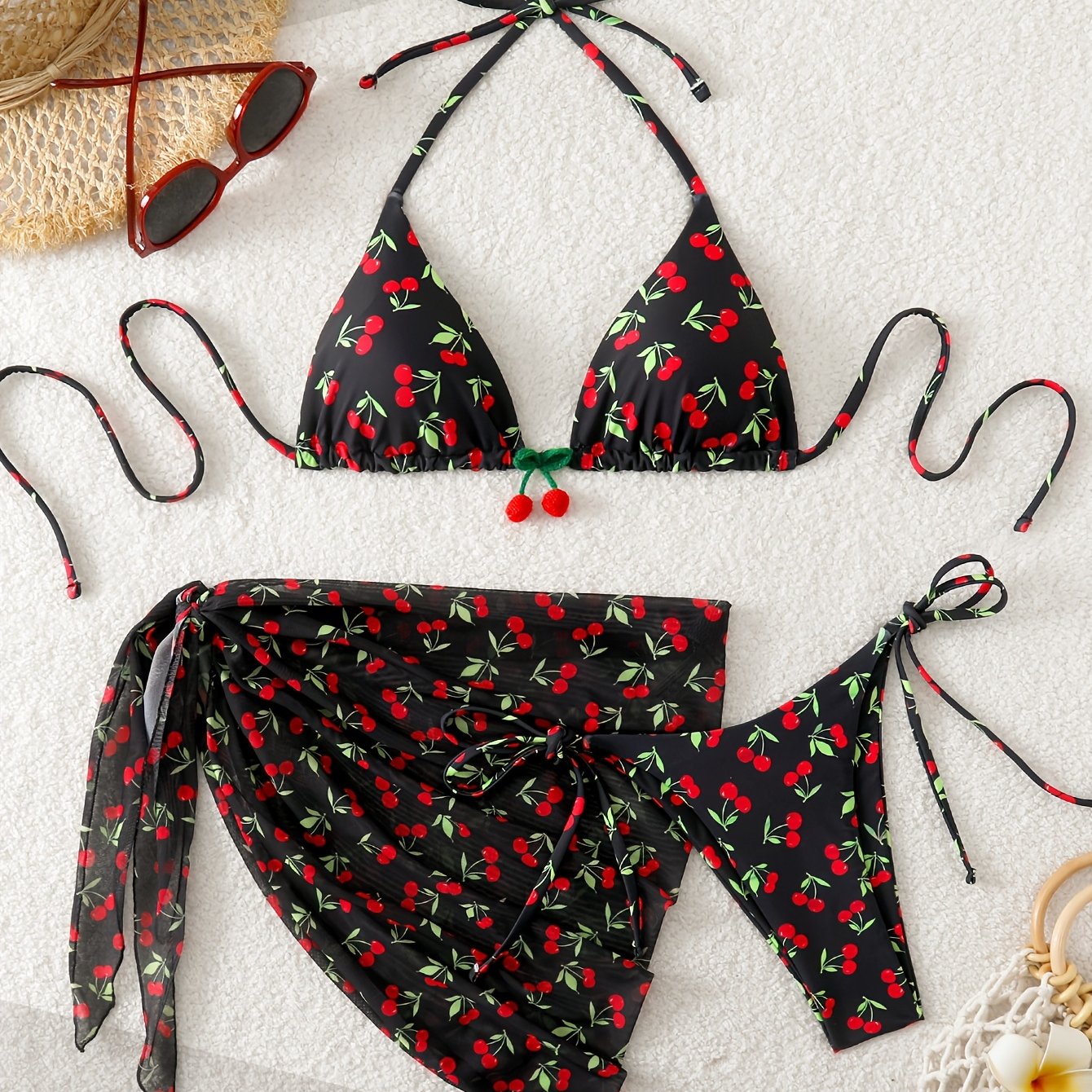 TEMU A Women'-piece Bikini Set Featuring A Print, With A Halter Neck And Sides, Complemented By A Cover-up Skirt, Suitable For Ladies' Swimwear And
