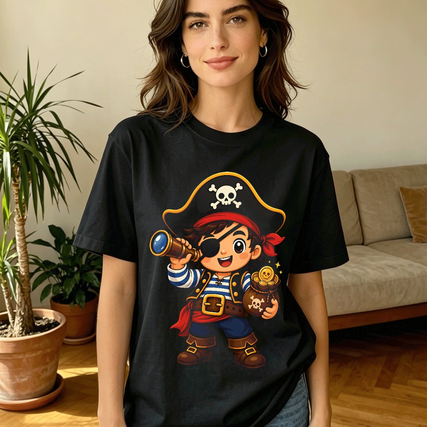 Cute Pirate Mascot Eyepatch Printed Tee For Women T-shirt