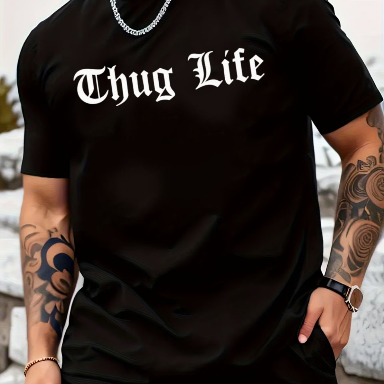 Image of Men's Thug T-shirt - White Urban With Lettering, Lightweight Summer Short Sleeve Shirt, Round Neck Casual Top For Hip-hop Style Casual Attire (machine Washable)