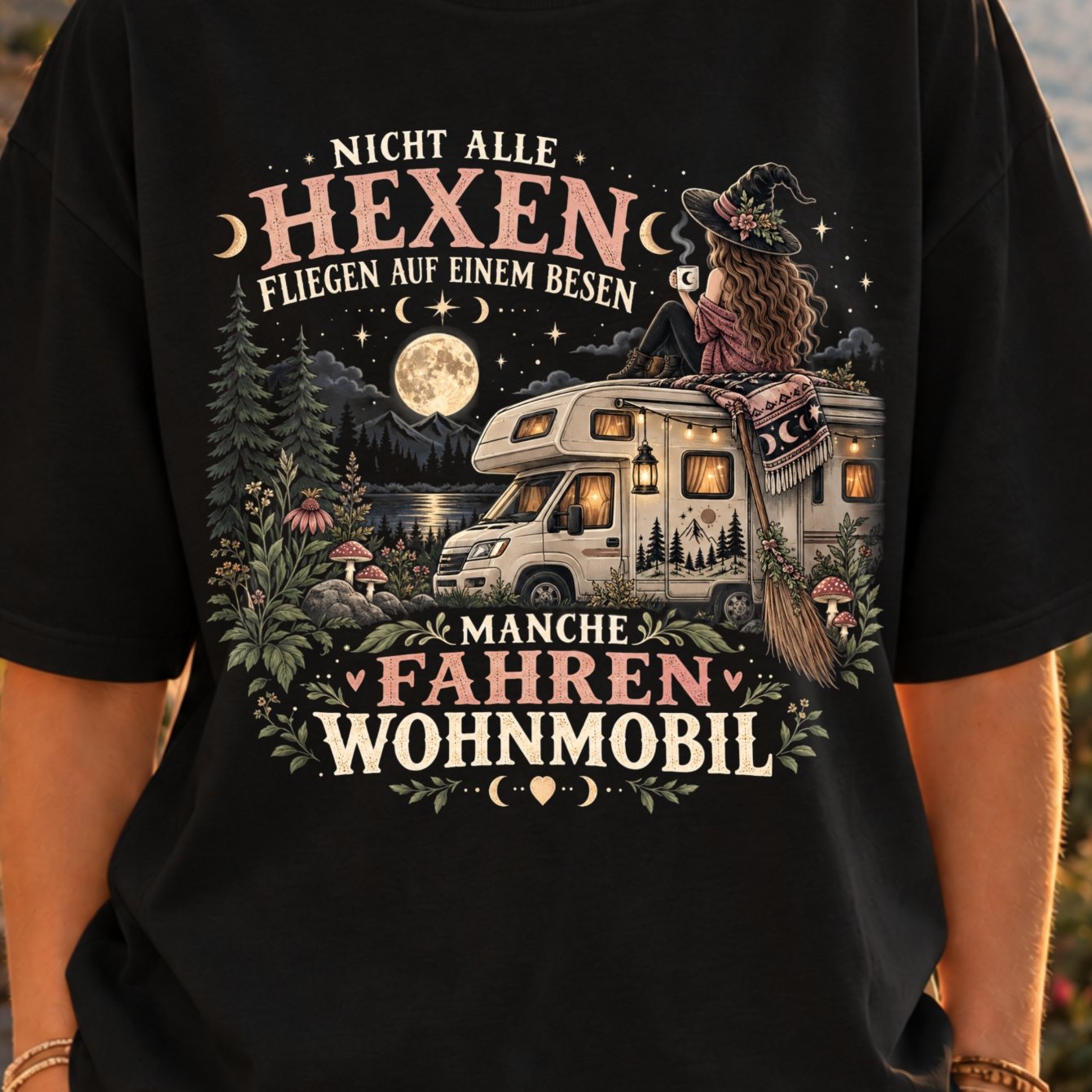 Image of Women' German Motorhome Roof Camping T-shirt - Humorous Rv Travel & Broomstick Graphic, Casual - Top Suitable For Trips, And German-themed Outfits