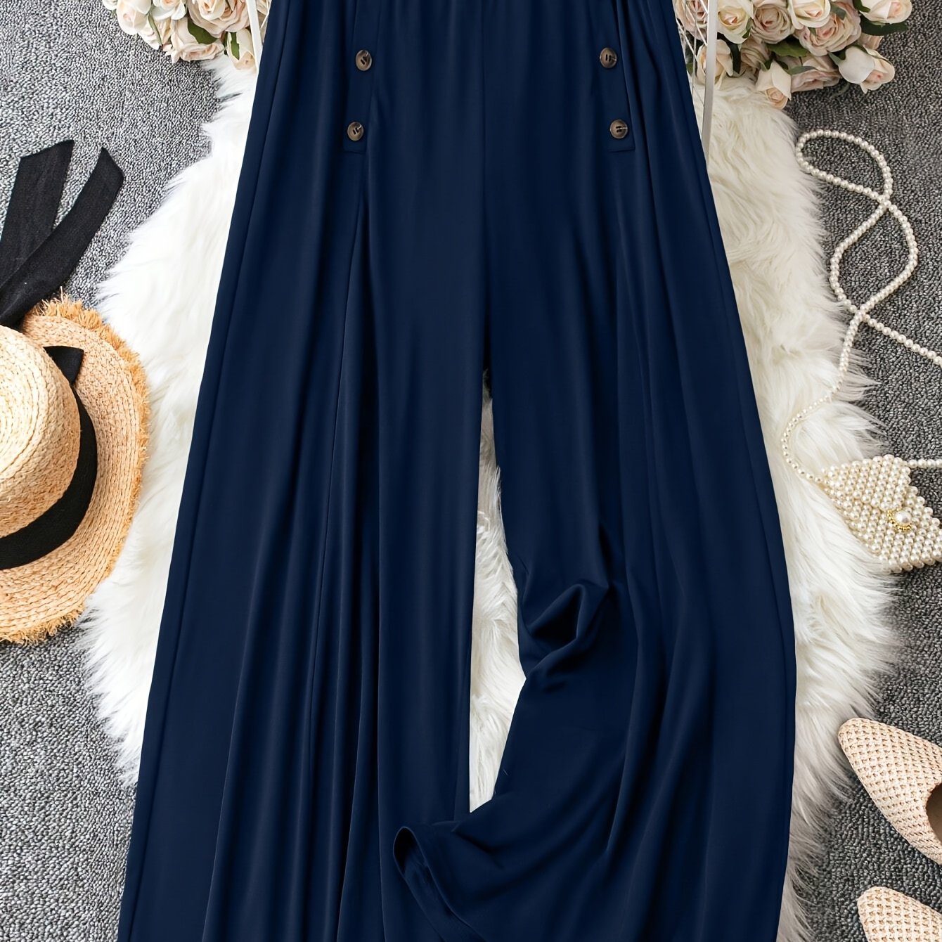 Image of Plus Size - Sweet Chibi Plus Size Casual Solid Color Plus Size Button Detail Wide Leg Pants