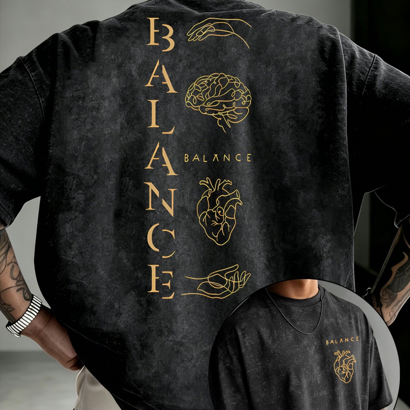 TEMU Men's Distressed Balance Balance Print T-shirt, Regular Casual Round Neck Short Sleeve, Minimalist Niche