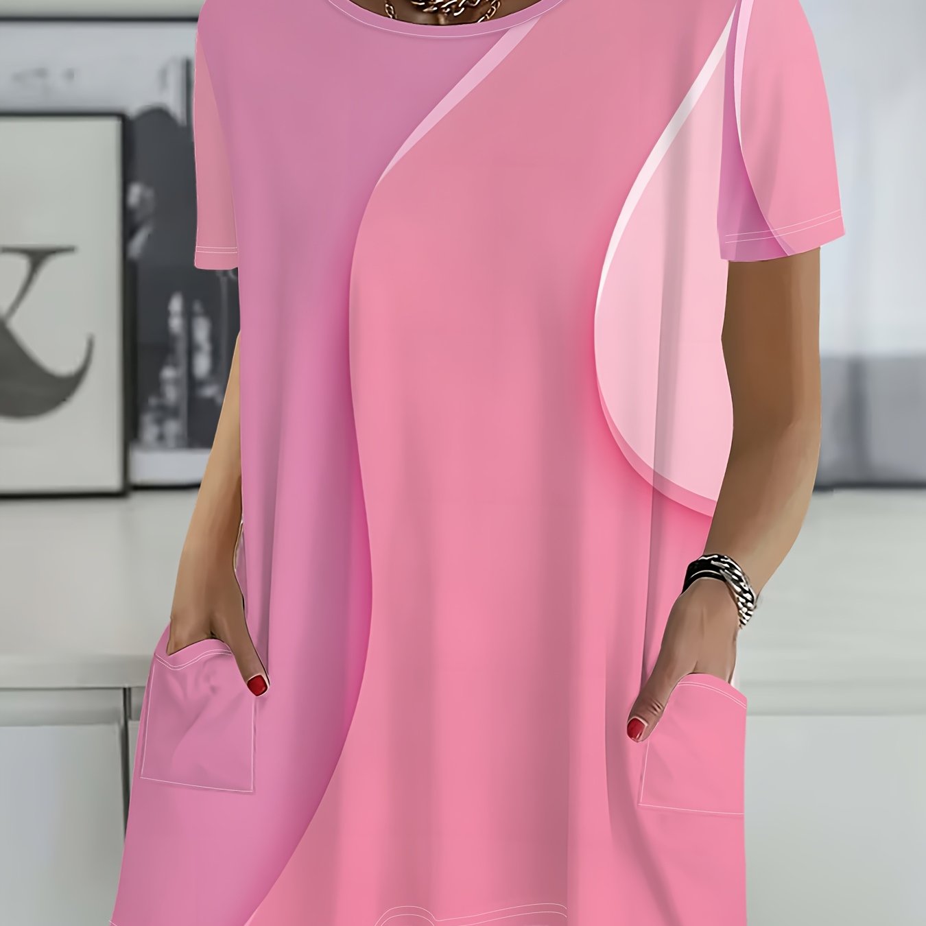 TEMU Pink Short-sleeve Loose Top, Women's Casual Oversized Shirt With Large Pockets, Spring Summer New Comfortable Women's Clothing, Loose Large,