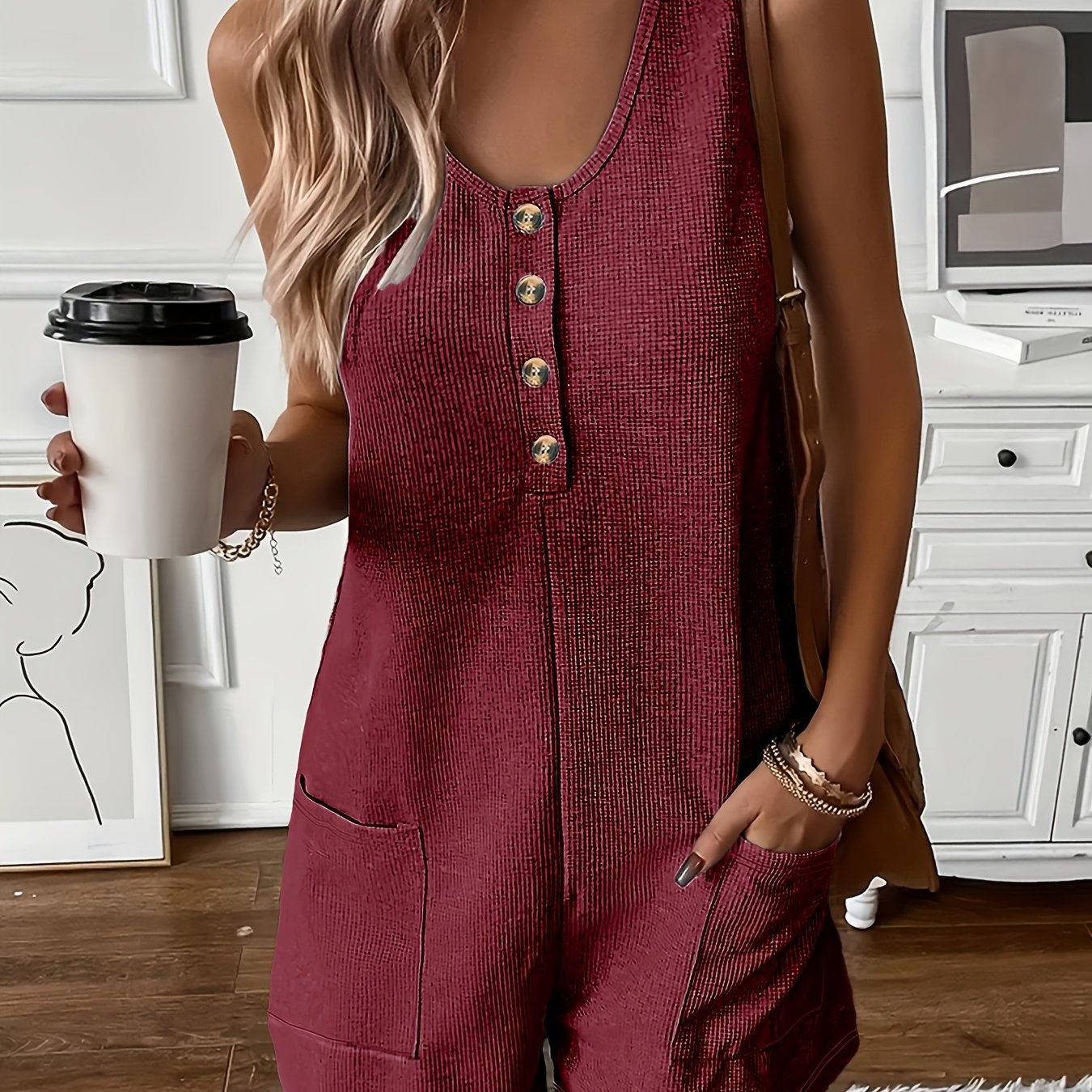 E-shop Knopfleiste Overall Jumpsuit mit , lässiger Einteiler ohne Ärmel in einfarbiger Ausführung für den Sommer, Damenbekleidung