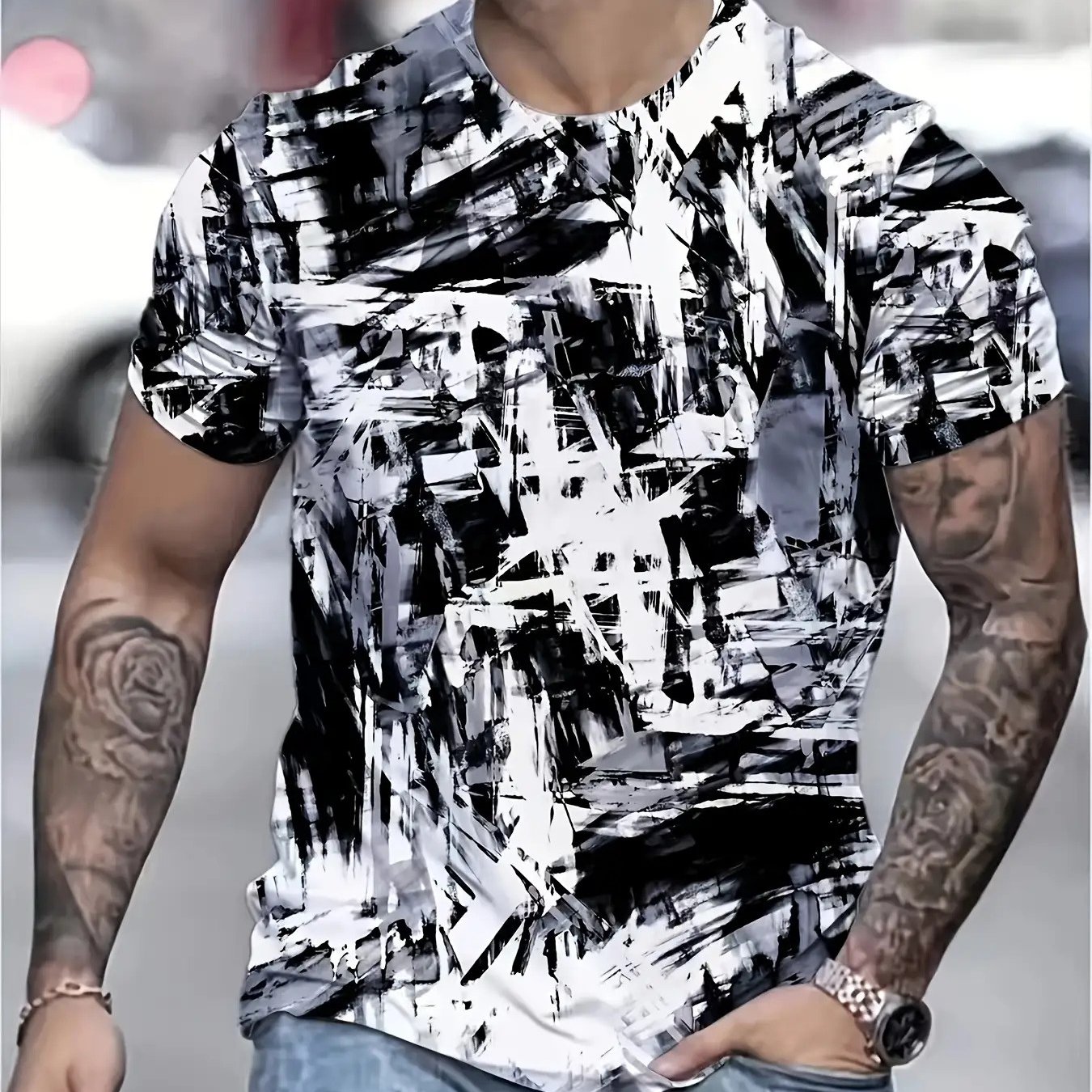 TEMU Men's Graffiti Sports T-shirt, Comfortable Printed Round Neck Short Sleeve Top, Summer Outdoor Casual Sportswear, Summer Top., Plus Size