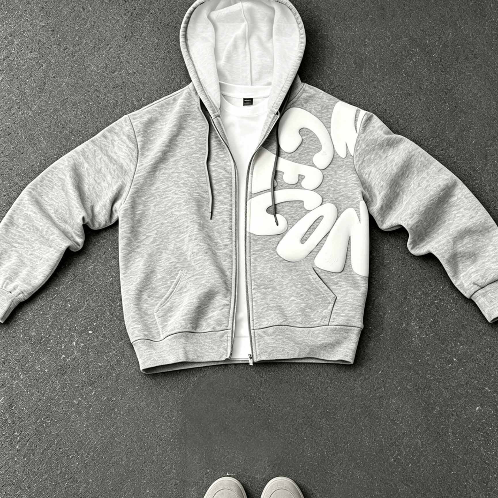 TEMU Men's Oversized Full Zip Hoodie, 3d Bubble Letter Graphic Hooded Sweatshirt With Drawstring And Front Pockets, Soft Fleece Loose Streetwear Zip