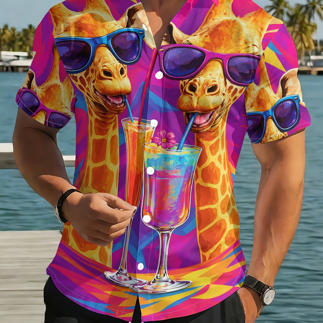 TEMU Camisa de manga corta floral con diseño de bebiendo soda, camisa hawaiana casual de manga corta para hombre