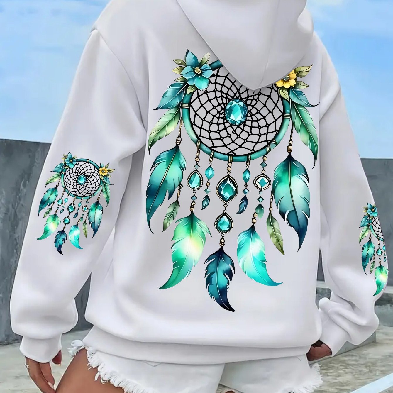 TEMU Ladies' Emerald Pattern Printed Sweater, Casual Round Neck Long-sleeved Shirt, 100% Fabric, Pattern, Suitable For , 250g-autumn And