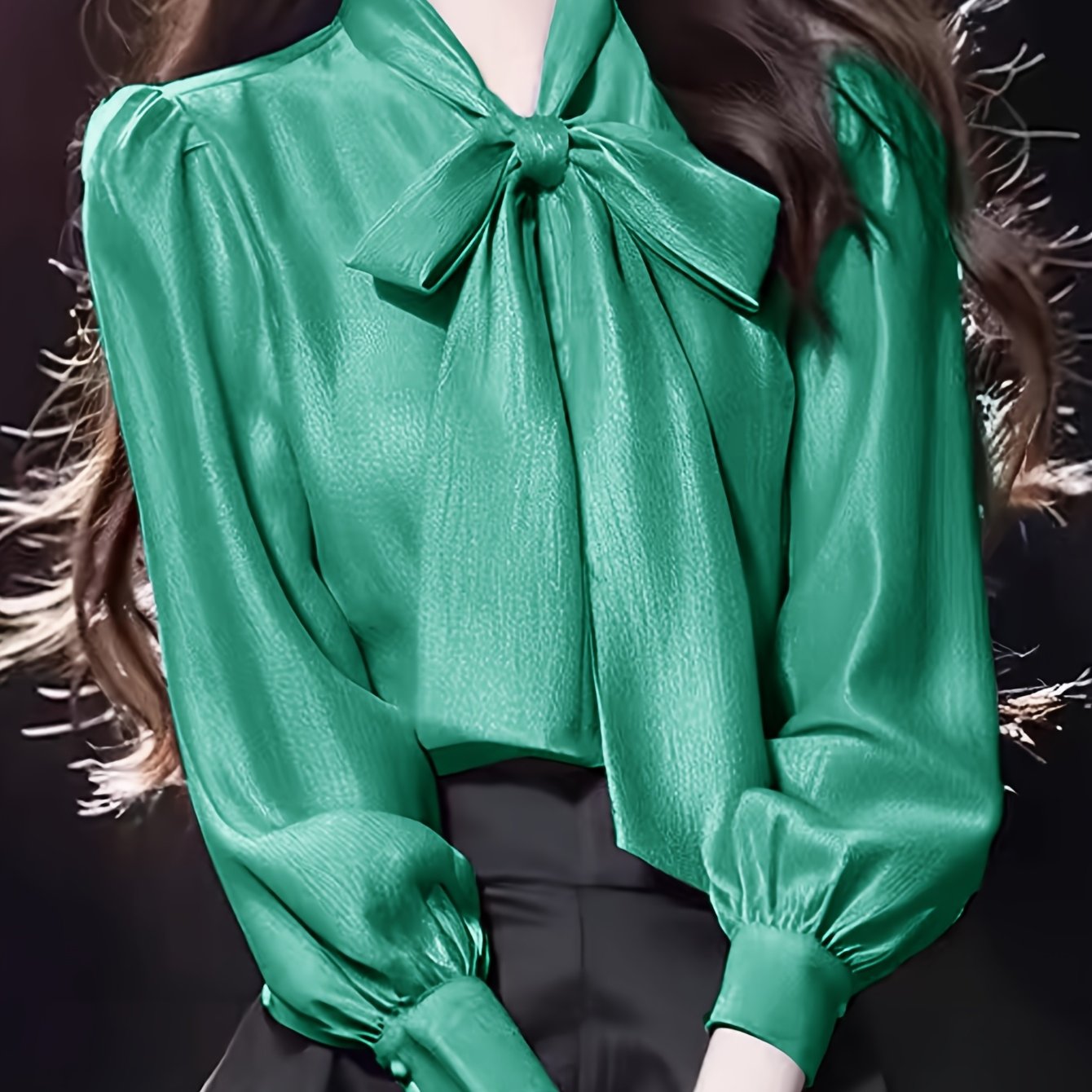 womens satin blouse bow tie detail shirt puff sleeve long - Temu